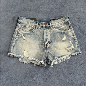 Blank NYC Hollyweird Fringe Button Fly High Rise Distressed Denim Shorts